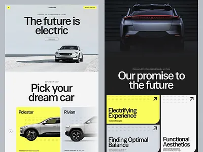 Electric Car Landing Page branding system car interface clean design design patterns electric vehicle future design grid structure interactive blocks landing page mobile ready modern layout modular interface product focus product website typography ui concept ui design ui direction ux design ux principles