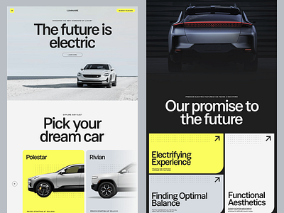 Electric Car Landing Page branding system car interface clean design design patterns electric vehicle future design grid structure interactive blocks landing page mobile ready modern layout modular interface product focus product website typography ui concept ui design ui direction ux design ux principles