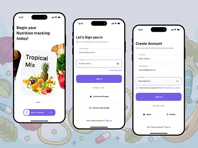 Nutrition App – Onboarding, Login & Sign Up UI authentication ui calories clean create account food log in log in screen login nutrition nutrition tracker register register screen rubel hossain sign in sign in screen sign up sign up screen signin signup ui kit