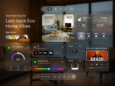 Apple Liquid Glass meets Smart Home Vibes appleliquidglass dailyui dashboardui design ecohome figmadesign glass ui glassmorphism landing page design liquid glass smarthome smarthomeui smartliving spatialui trend25 ui ux uiinspiration ux design