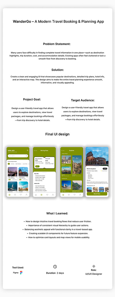 WanderGo — A Clean & Intuitive Travel Booking and Planning App app design case study clean ui design figma ui ui design user interface ux design
