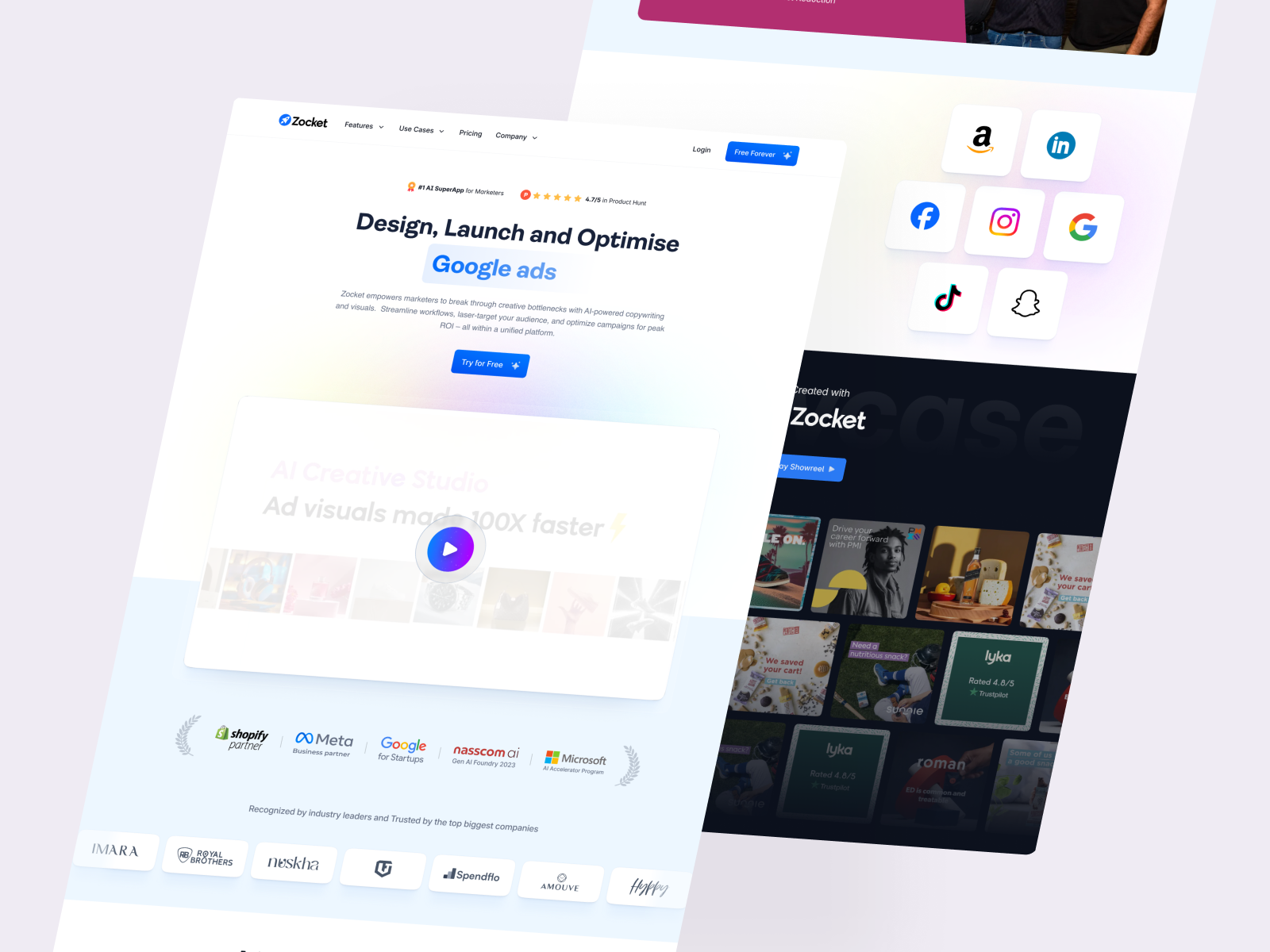 Zocket home page design ads automation ai ai ads artificial intellegence b2b branding design illustration landing page design product design saas ui uiux ux uxdesign web design website design