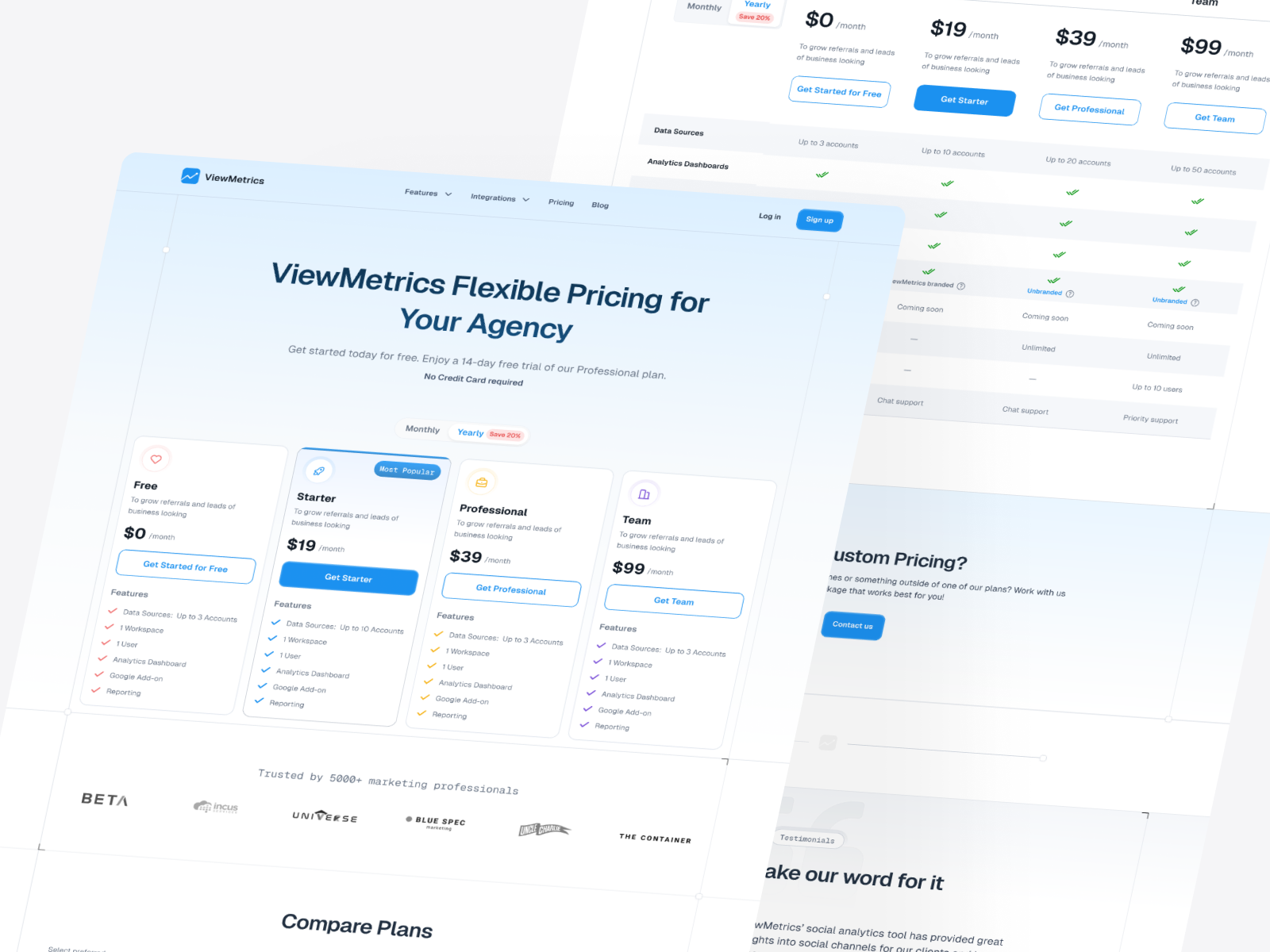 ViewMetrics pricing page design ai analytics artificial intelligence b2b branding design illustration landing page design plan cards plan comparison plans pricing product design saas subscription ui ux uxdesign web design website design