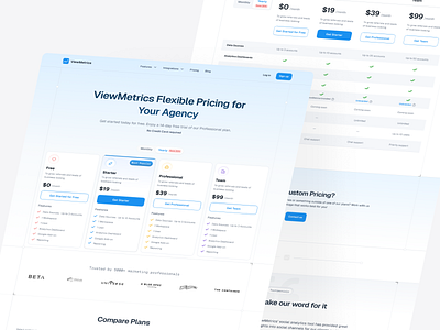 ViewMetrics pricing page design ai analytics artificial intelligence b2b branding design illustration landing page design plan cards plan comparison plans pricing product design saas subscription ui ux uxdesign web design website design