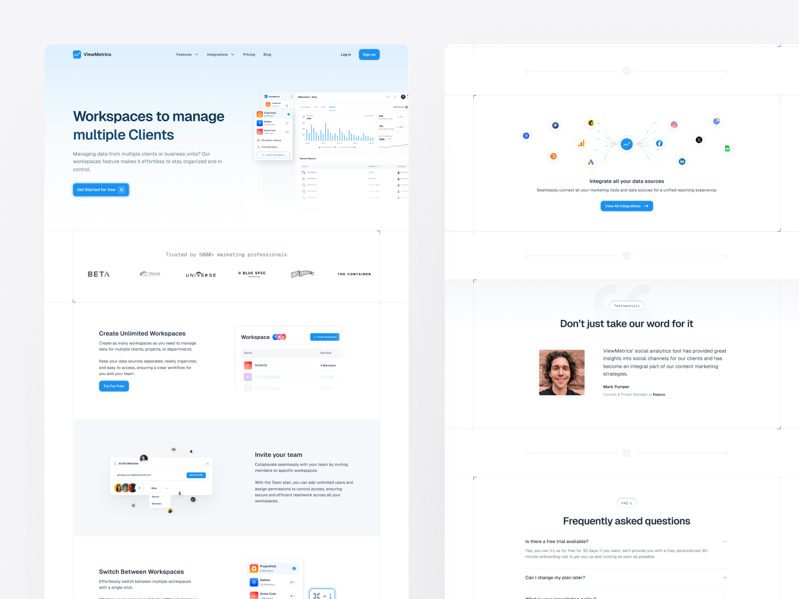 ViewMetrics workspace page design ai analytics artificial intelligence b2b branding design illustration landing page design product design report automation saas ui uiux ux uxdesign web design website design workspace