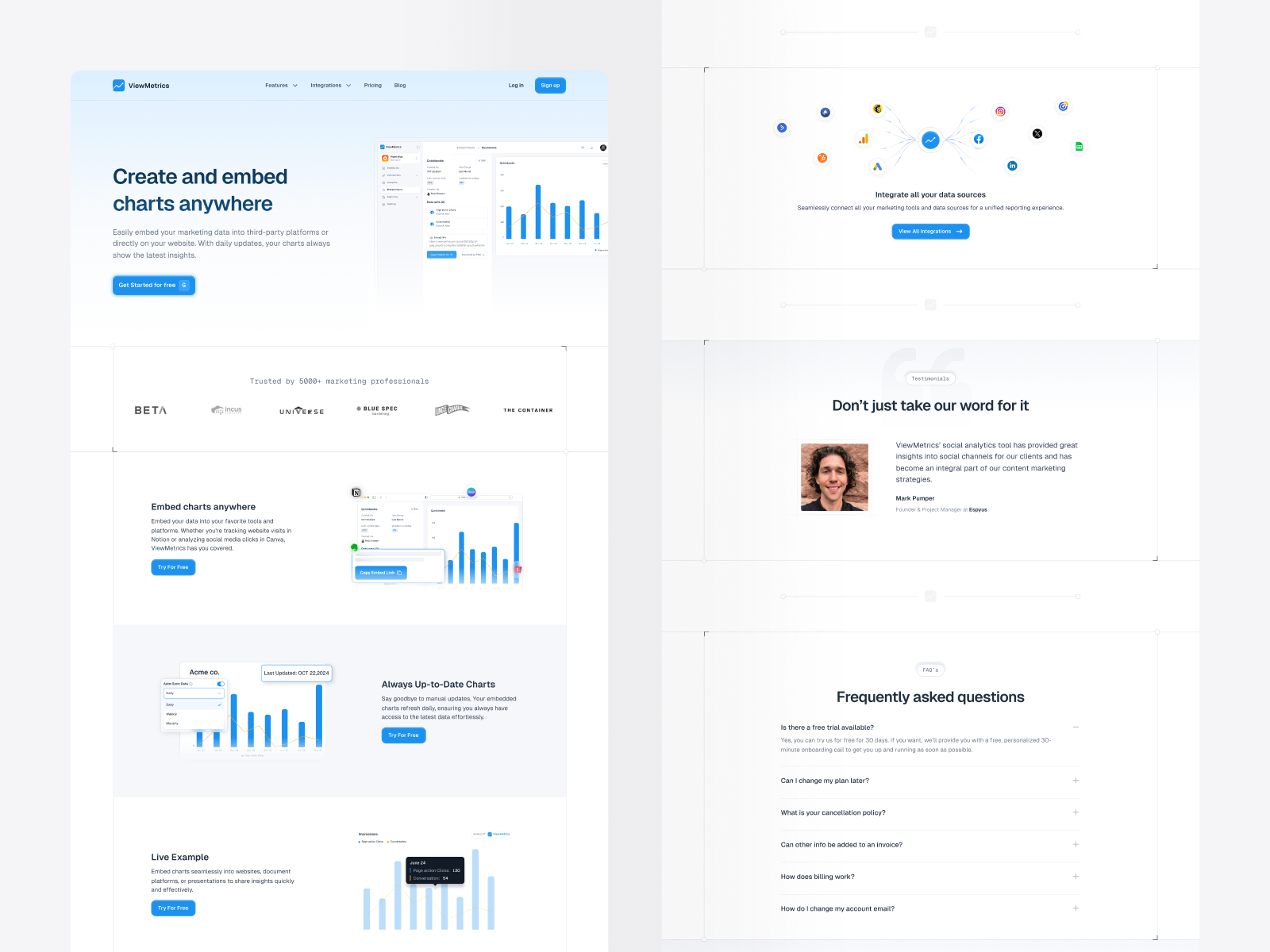 ViewMetrics embed chart page design ai analytics b2b bento branding design illustration landing page design product design report automation saas ui uiux ux uxdesign web design website design