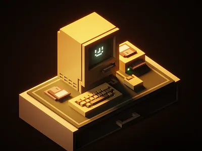 Retro Mac-boy Render 3d computer desk floppy disk graphic design mac magicavoxel mouse render rosek voxel design