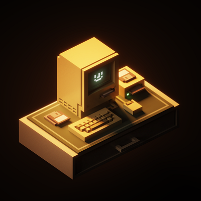 Retro Mac-boy Render 3d computer desk floppy disk graphic design mac magicavoxel mouse render rosek voxel design