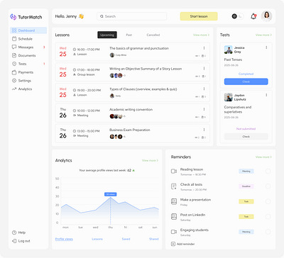 EdTech SaaS Platform — Tutor's Dashboard analytics dashboard dashboard design ed tech figma learning platform lessons list management online learning online lesson reminders saas platform simple ui studetns tests ui ux