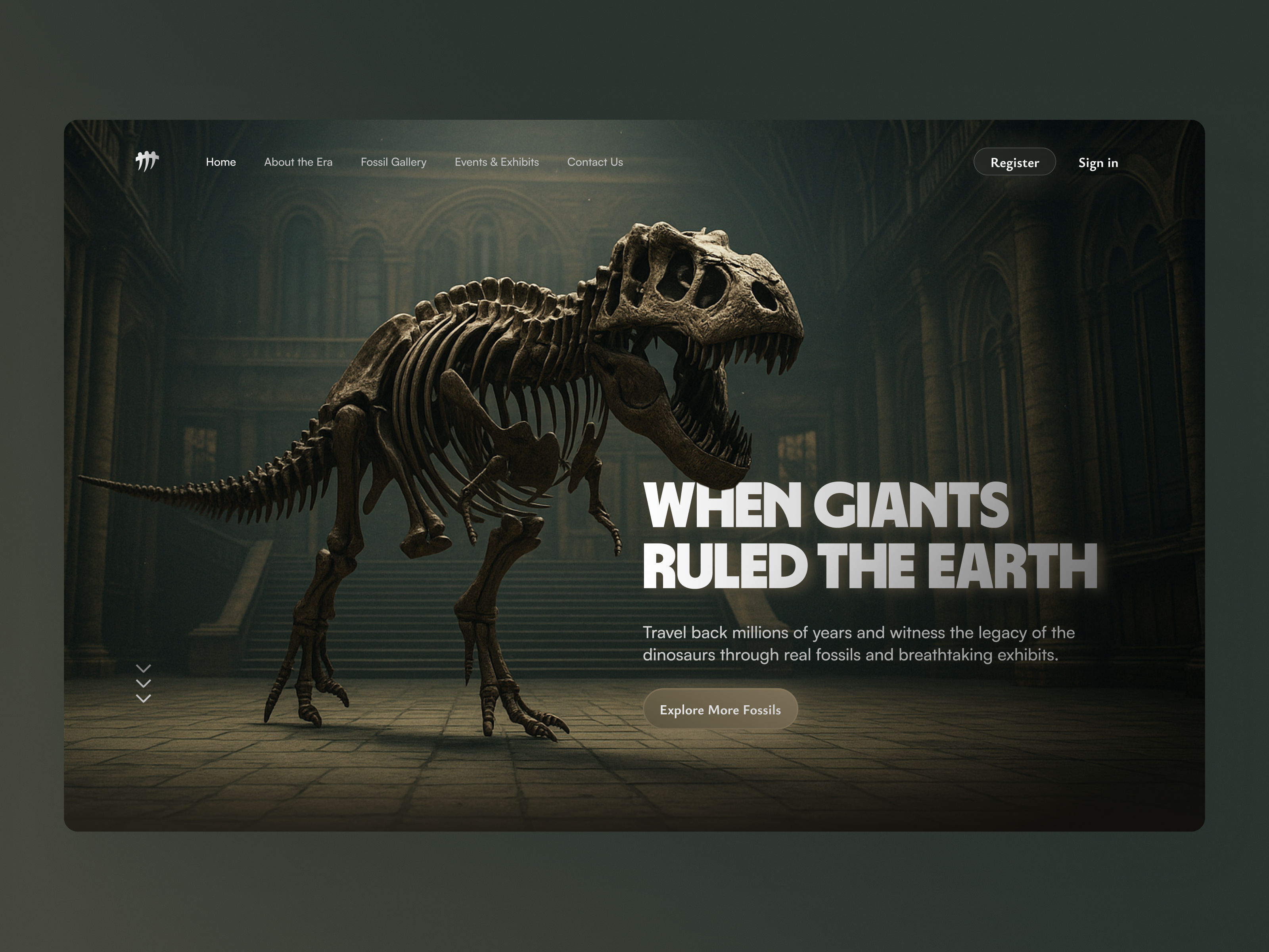 Hero Design for a Fossil Museum branding creativedirection darkmodeui designforculture dinosaurdesign figmadesign fossils herosection immersiveui landingpage motionready museumdesign ui uianimation uidesign uxinspo websiteconcept