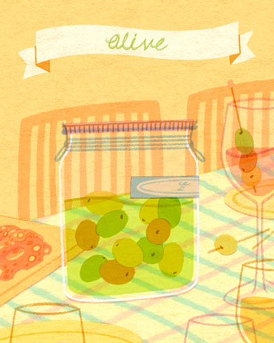 Preparing Food for a Party: first, we need Olives art artwork chair champagne design food glass handwriting illust illustration ipad olive party pattern photoshop salami tweetyheather wine 일러스트