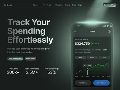 Expense Tracker App Dark Mode landing page branding clean clean landing page design expense tracker graphic design landing page saas saas landing page ui web design