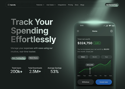 Expense Tracker App Dark Mode landing page branding clean clean landing page design expense tracker graphic design landing page saas saas landing page ui web design