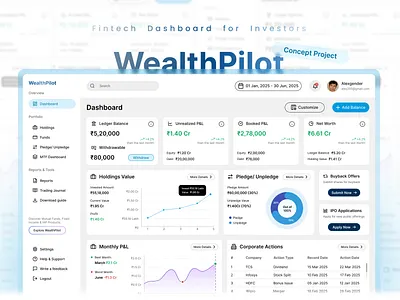 Fintech Dashboard UI/UX Design – WealthPilot clean interface dashboard design data visualization figma design finance ui financial app financial technology financial visualization fintech dashboard investment dashboard investor tools modern design portfolio tracking trading app uiux design user experience user interface ux research wealth management wireframe design