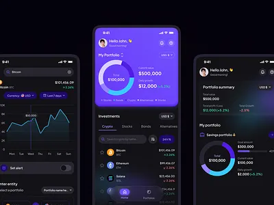 Investment mobile app chart crypto dark mode fintech glassmorphism investment liquid glass mobile app design modern ui pie chart portfolio app purple ui design ux design visual design