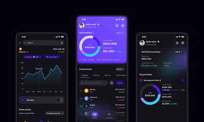 Investment mobile app chart crypto dark mode fintech glassmorphism investment liquid glass mobile app design modern ui pie chart portfolio app purple ui design ux design visual design