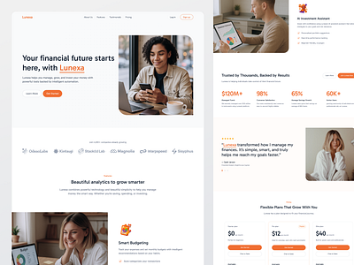 Lunexa – Fintech Landing Page clean design company profile design finance financial fintech fintech landing page invest investment landing page ui landingpage manage ui uidesign uiux ux uxdesign wallet web design website