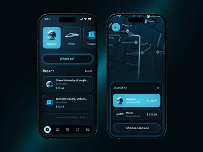 Next-Gen Ride Sharing Experience | Dark Mode UI app concept app design concept design dark mode dark ui dashboard futurisic glow neon ride sharing sci fi sci fi interface smart mobility ui design ux design