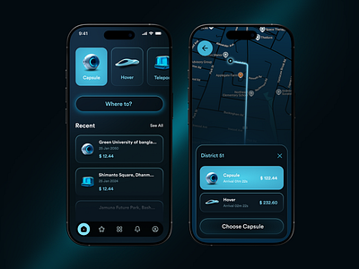 Next-Gen Ride Sharing Experience | Dark Mode UI app concept app design concept design dark mode dark ui dashboard futurisic glow neon ride sharing sci fi sci fi interface smart mobility ui design ux design
