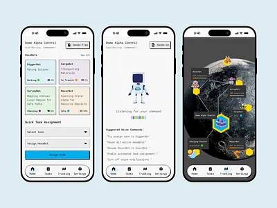 Hexabot Task Manager – Voice-Controlled Lunar Ops dashboarddesign designconcept designsystem futuristicdesign hexabot interactiondesign mobileappdesign productdesign realtimetracking roboticsui spacetech taskmanagement techdesign uidesign userinterface uxdesign voiceinterface voiceux
