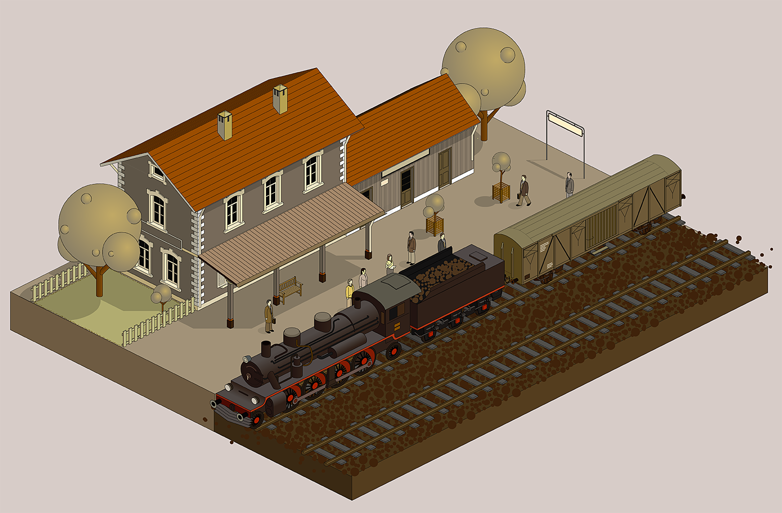 train station 1940s diorama isometric locomotive old railway retro sepia station train