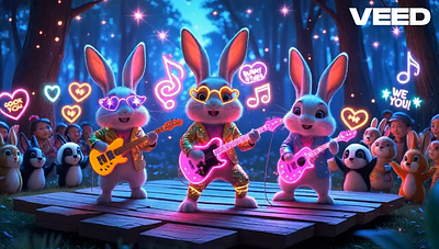 A Bunny Band Created with AI 3danimation aianimals aianimation aibunnyshow aicharacters aiinart aistorytelling aivisuals bunnyart capcut cuteai dancingbunnies digitalcreativity fantasydance generativeai madewithai motionfantasy neonfantasy photoshop whimsicalart