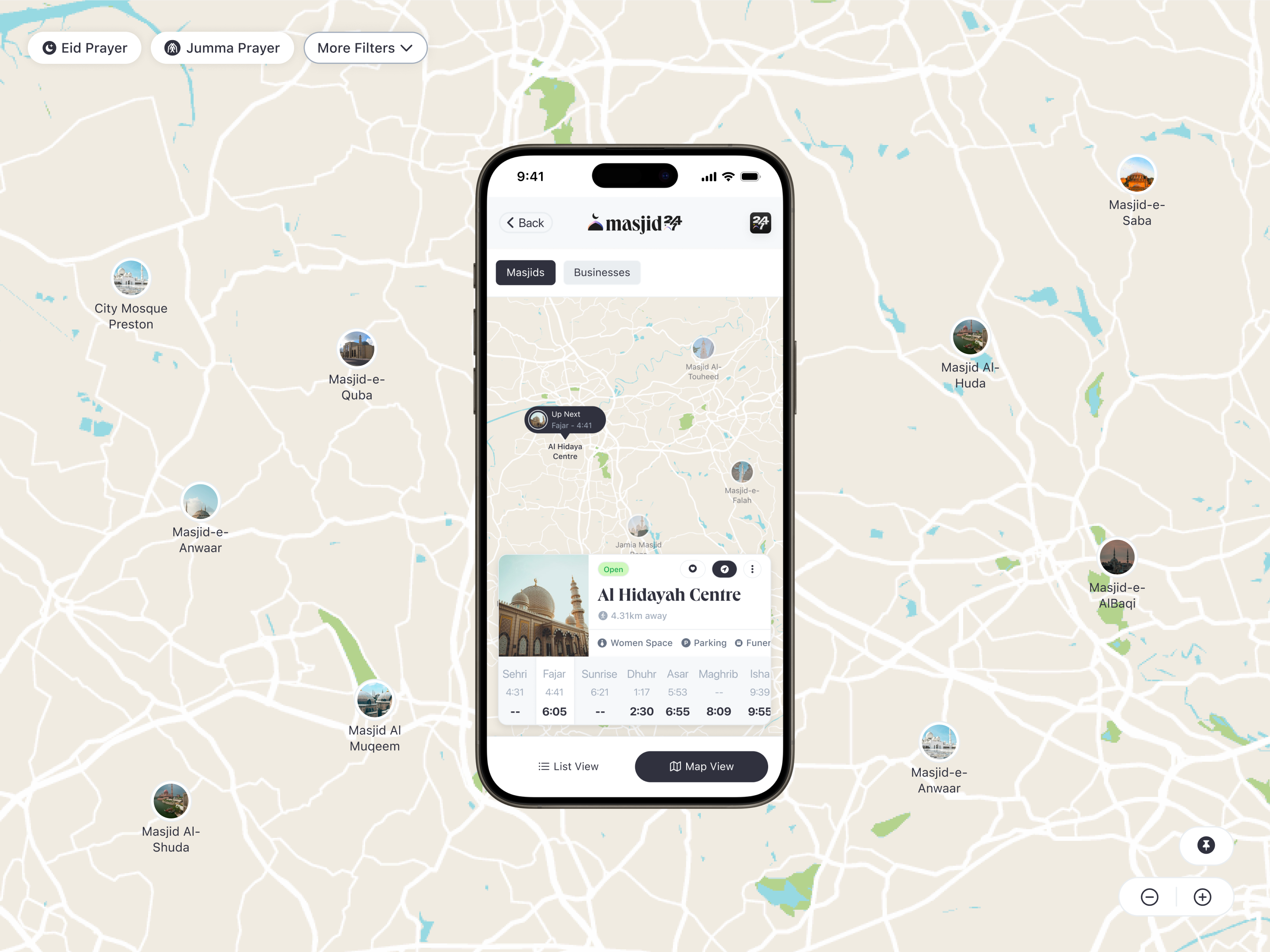 Masjid 247: Map & Dashboard Experience 247 app branding card cresent dashboard dome faith floating hiportfolio islam logo map masjid mosque muslim prayer search timing view