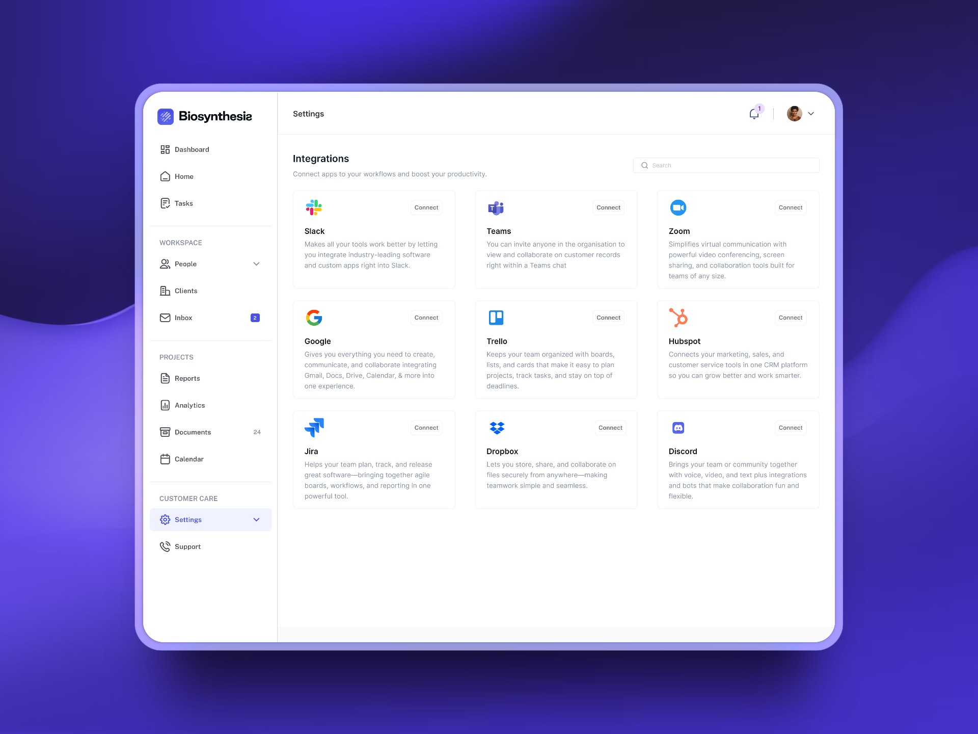 Integration Settings page dashboard integration settings settings