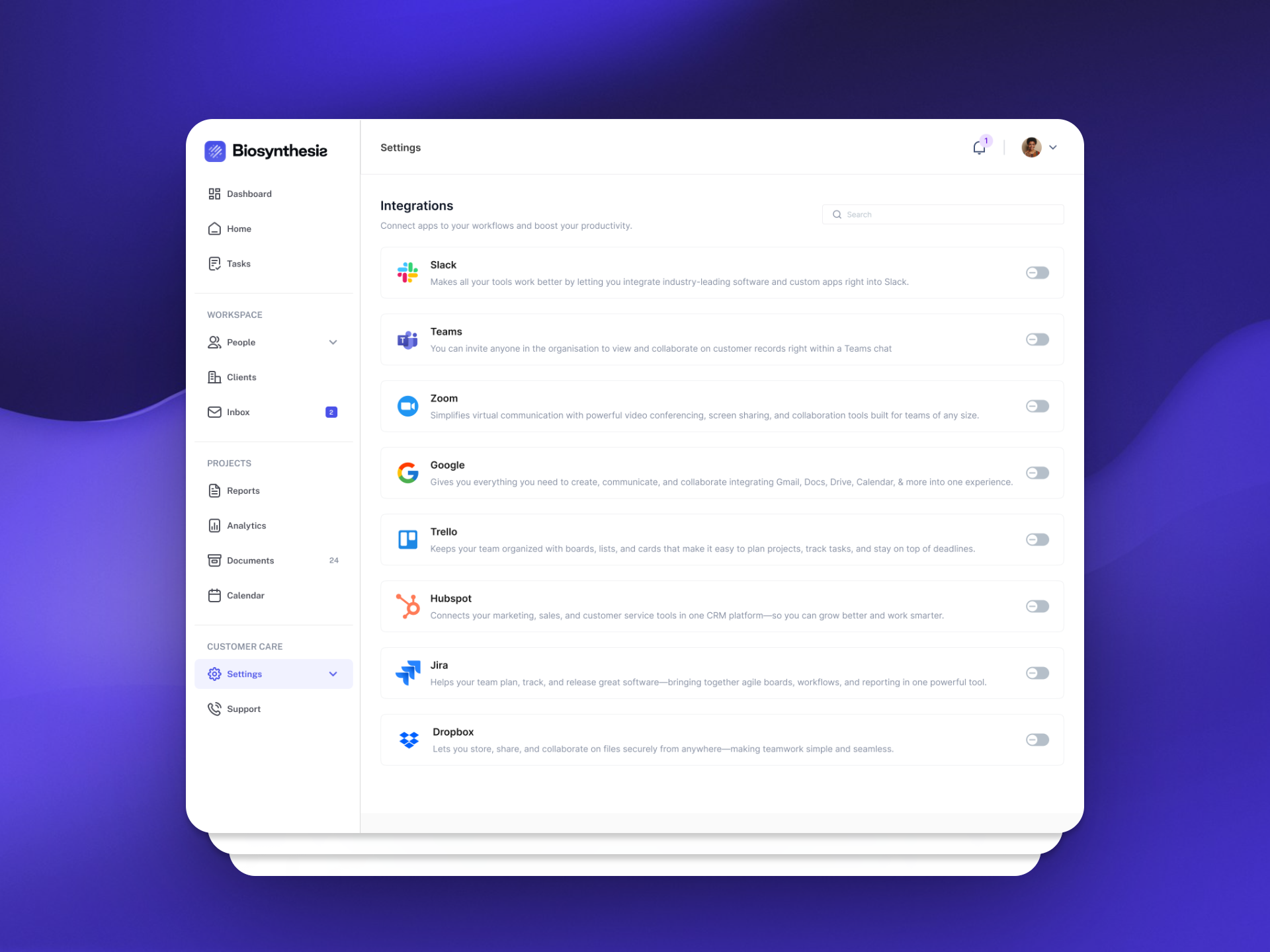 Integration settings page dashboard dashboard settings integration settings settings