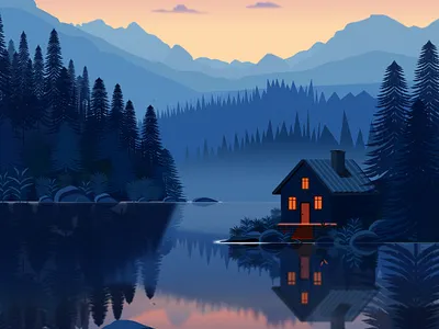 Landscape “House by the lake” autumn evening landscape morning vectorgraphics иллюстратор