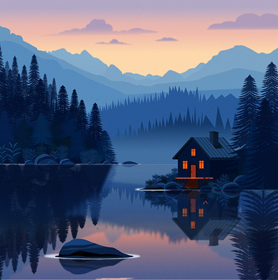 Landscape “House by the lake” autumn evening landscape morning vectorgraphics иллюстратор