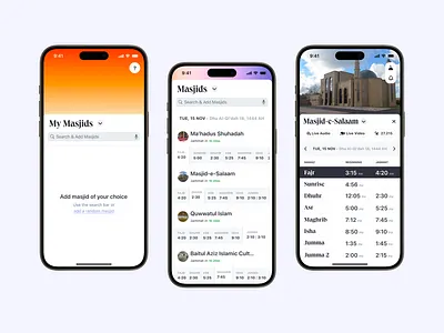 Masjid 247: Mobile App Experience app branding cresent dome gradient hiportfolio home islam masjjid mobile mosque muslim namaz prayer sunrise sunset timing