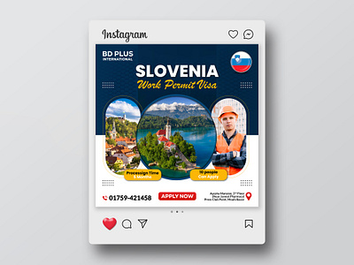 Slovenia Work Permit Visa Promotional Poster Design branding construction job visa ad design europe job visa promotion european country visa poster graphic design informative social post design job abroad poster design minimal job visa poster modern visa promotion banner navy blue and yellow poster poster design slovenia work visa poster social media poster social media visa ad visa consultancy post visa consultancy poster work in slovenia campaign work permit social media design