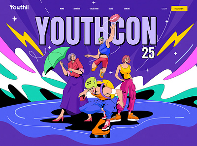 YOUTHCON Landing Page Illustration branding cartoon character colourful design digital art graphic design hero illustration illustration landing page ui vector illustration youth