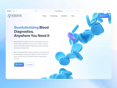 Beyond Blood: AI Blood Diagnostics & Microfluidics UIUX 3d blood cell ai blood diagnostics ai blood testing biotech landing page biotech web design biotech website biotechnology blood analysis blood diagnostics blood test blood testing blue clean gradient liquid biopsy medical diagnostics minimal modern point of care testing therapeutic website