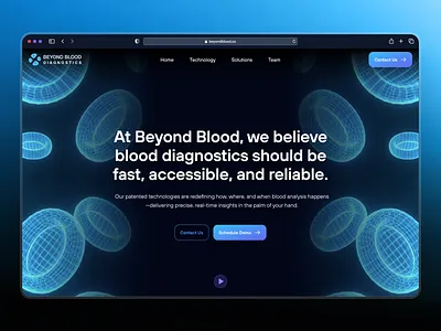 Beyond Blood: AI Blood Diagnostics - Hero Pattern Dark UI 3d blood cell ai blood diagnostics biotech landing page biotech web design biotech website biotechnology blood analysis blood diagnostics blood test blood testing blue clean dark mode gradient medical diagnostics microfluidics minimal modern point of care testing therapeutic website