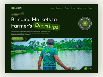 Agrigate – Bold, Rural-Focused Hero Section in Dark Theme agritechdesign bangladeshstartup cleaninterface darkmodeui farmtech figmadesign herosectiondesign ibrahimuix purposedrivenux socialimpactdesign usercentereddesign uxforgood webdesign