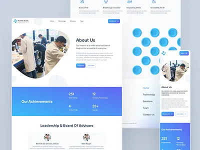 Beyond Blood: AI Blood Diagnostics - About Page UIUX 3d blood cell ai blood diagnostics ai blood testing biotech landing page biotech web design biotech website biotechnology blood analysis blood diagnostics blood test blood testing blue clean gradient liquid biopsy medical diagnostics microfluidics minimal modern point of care testing