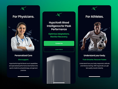 Beyond Blood: HypoXCell Blood Intelligence UI Mobile 3d blood cell ai blood diagnostics ai blood testing biotech landing page biotech web design biotech website biotechnology blood analysis blood diagnostics blood test blood testing clean dark mode gradient green liquid biopsy medical diagnostics minimal modern point of care testing
