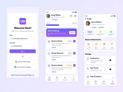 Business Learning Application android app android ui design badges business app ui business game app business like game ui cards data cards game app game ui ios app ios app ui mobile menu ui profile page mobile design profile ui user info ui