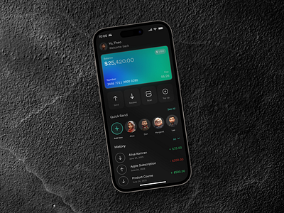 Digital Wallet App: Dark Mode Financial Dashboard appdesign balancecard bankingui contactpayment darkmode digitalpayment digitalwallet financeapp financialapp fintech gradientdesign mobilefinance mobilepayment mobilewallet moneytransfer paymentapp quicksend transactionhistory userinterface walletdesign