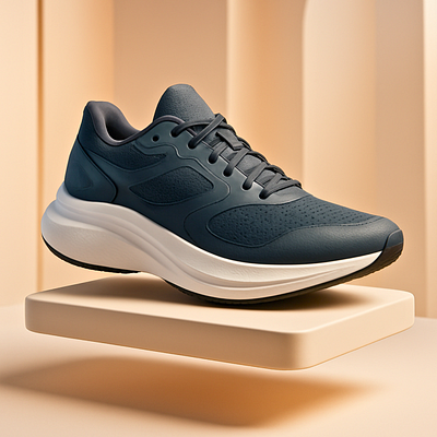 A 3D-rendered scene of a premium running shoe on a floating plat 3d animation branding graphic design logo motion graphics ui