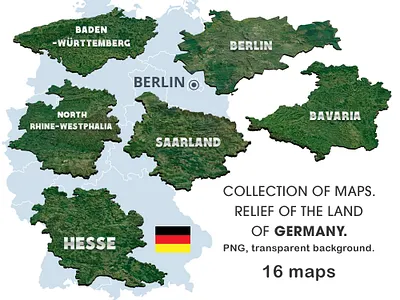 Germany Relief Map Set - 16 PNG Files of German States 3d map berlin borders europe germany graphic design illustrator photoshop relief terrain travel