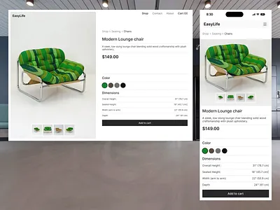 🛒 Furniture Product Page UI – Web & Mobile dailyui daly ui design dribbbleshots ecommercedesign figmadesign furnitureui mobiledesign productpage responsiveui ui uidesign ux uxdesign webdesign