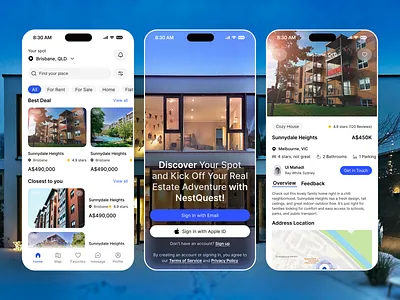 🏡 Real Estate App UI Concept – NestQuest app appdesign dailyui daly ui design dribbbleshot figmadesign homefinder mobile app mobileui propertyapp realestateapp ui uiux ux uxdesign