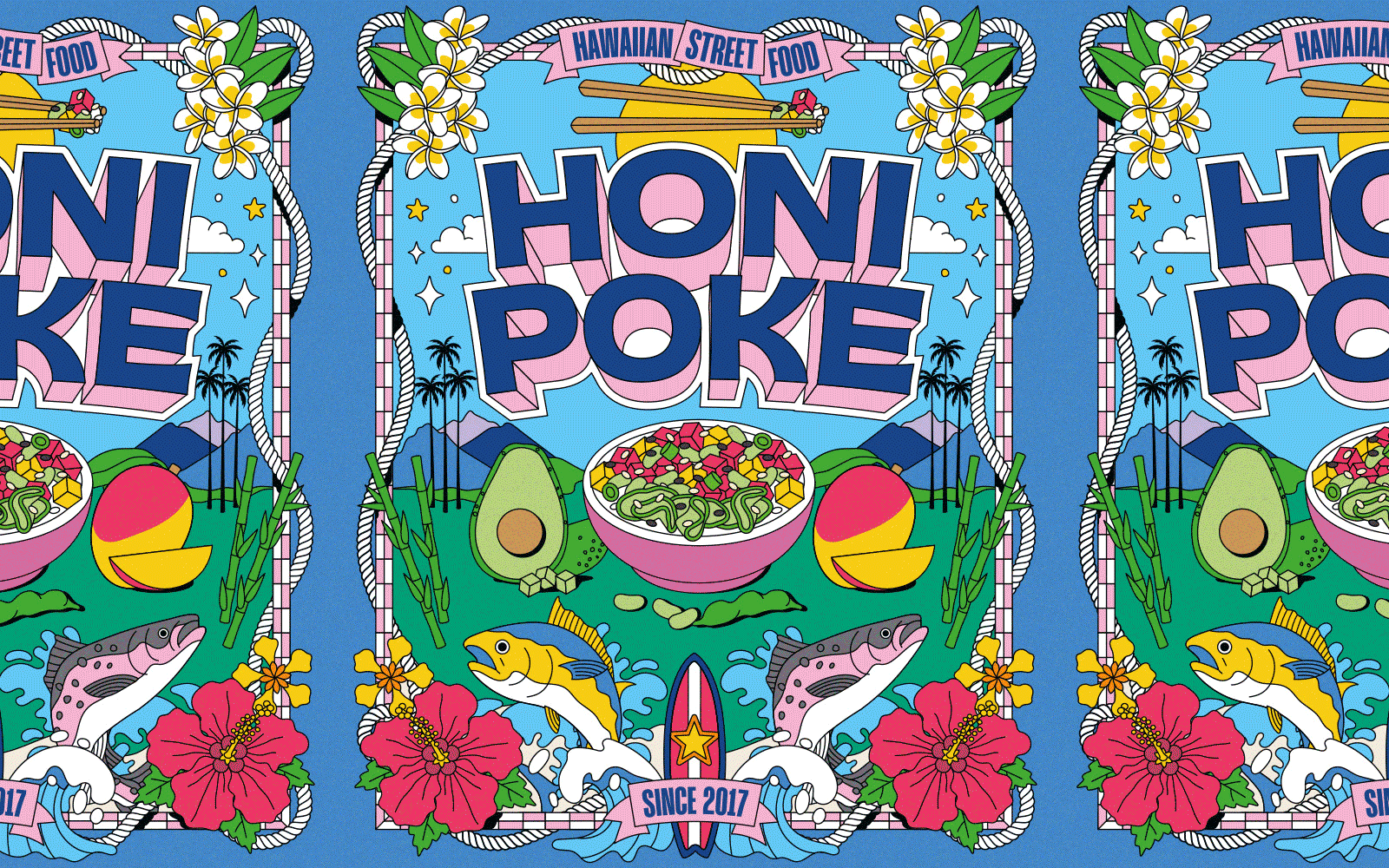 HONI POKE ILLUSTRATIONS advertising art director food illustration food packaging freelanceillustrator honi poke illustrated packaging illustration illustration kit marketing ooh packaging design packaging designer poster illustration restaurant design restaurant illustration street food summer illustration visual identity