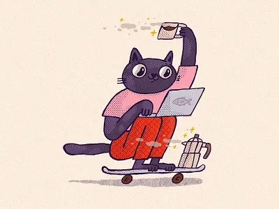 Multitasking 2d caffeine cat character coffee design handdrawn illustration illustrator moka pot print skateboard