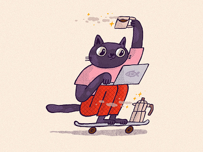 Multitasking 2d caffeine cat character coffee design handdrawn illustration illustrator moka pot print skateboard