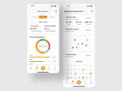 Pomodoro app - Overview app chart focus history mobile app overview pomodoro report time timer ui ux
