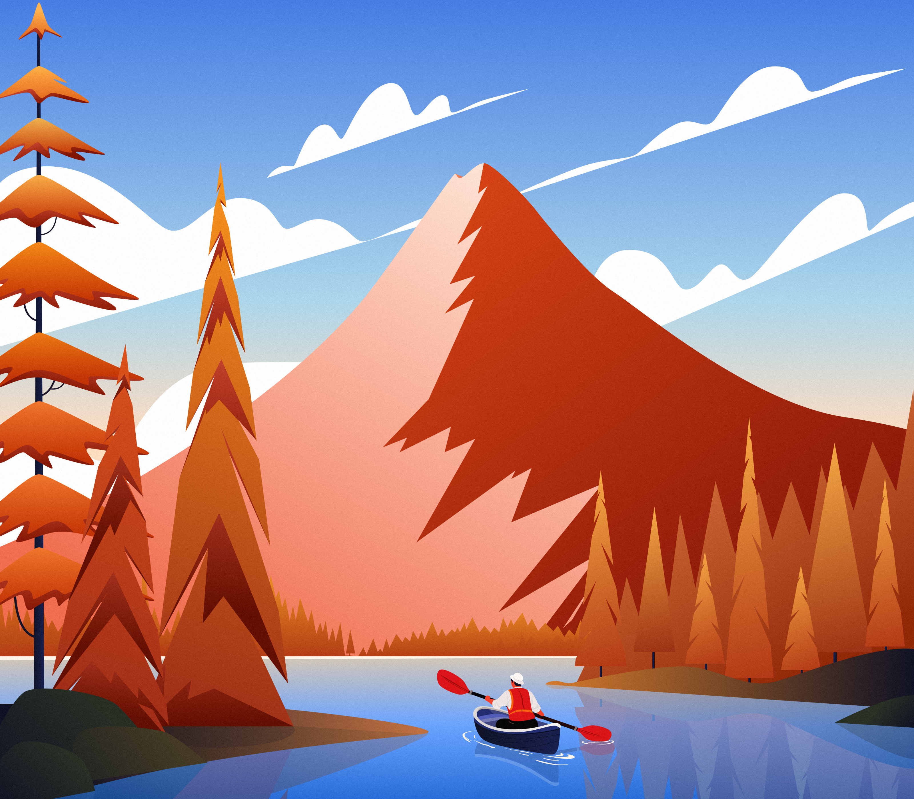 Outdoor Activities art design autumn cloud design digital art digital illustration draw illustration kayak mountain natural scenery nature outdoor sports painting people sky tree vector vector illustration wallpaper
